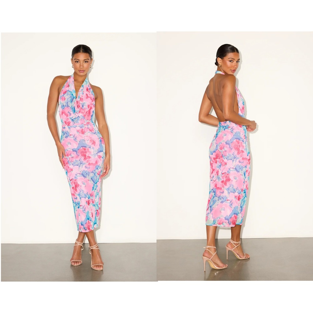 Lulus Venus Teal and Pink Floral Mesh Backless Midi Dress Size Large